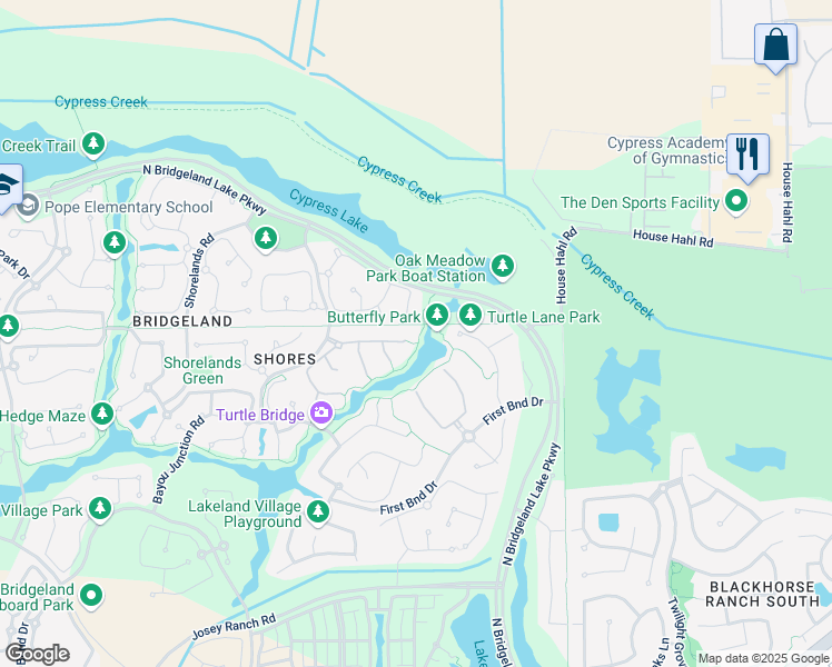 map of restaurants, bars, coffee shops, grocery stores, and more near 12303 Austin Shore Court in Cypress