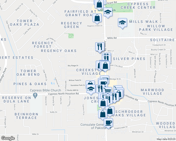 map of restaurants, bars, coffee shops, grocery stores, and more near 11119 Creekline Green Court in Cypress