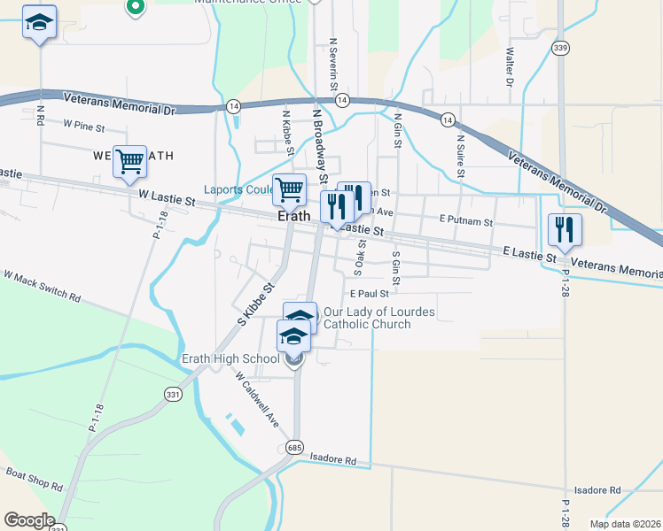 map of restaurants, bars, coffee shops, grocery stores, and more near 310 South Severin Street in Erath