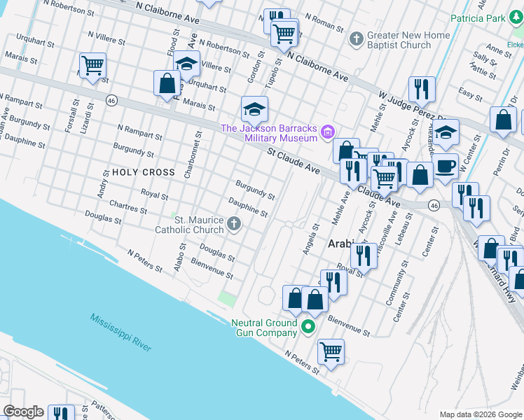 map of restaurants, bars, coffee shops, grocery stores, and more near 832 Tricou Street in New Orleans
