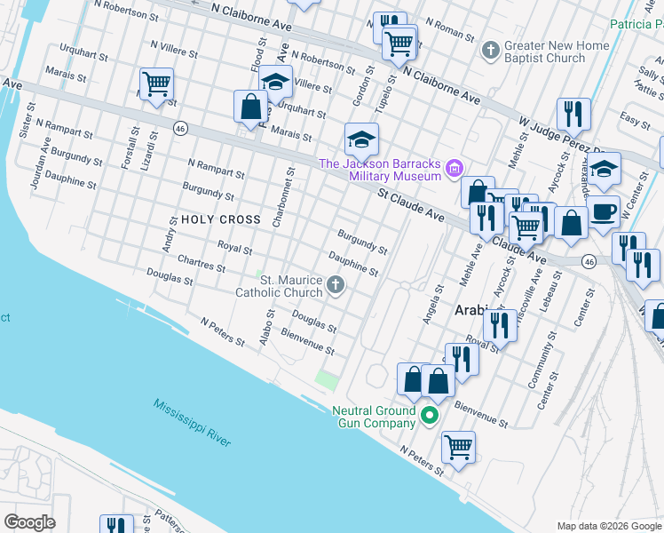 map of restaurants, bars, coffee shops, grocery stores, and more near 6122 Dauphine Street in New Orleans
