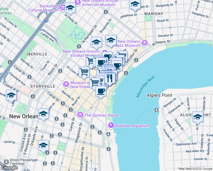 map of restaurants, bars, coffee shops, grocery stores, and more near 627 Decatur Street in New Orleans