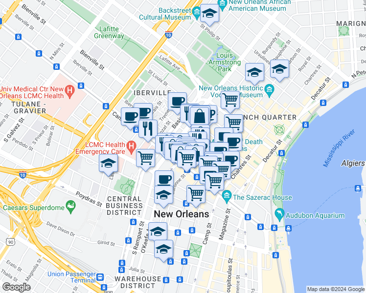 map of restaurants, bars, coffee shops, grocery stores, and more near in New Orleans