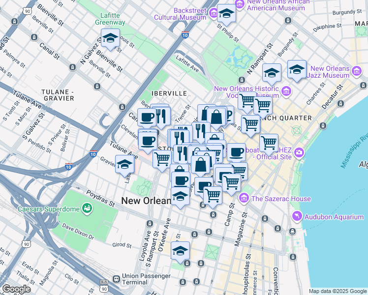 map of restaurants, bars, coffee shops, grocery stores, and more near in New Orleans