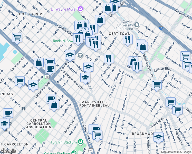 map of restaurants, bars, coffee shops, grocery stores, and more near 7219 Pritchard Place in New Orleans