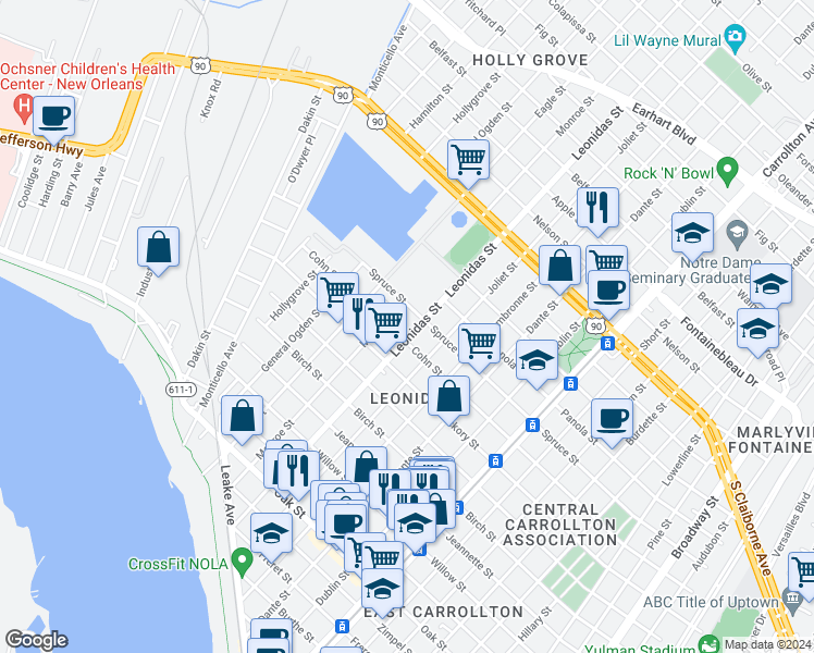 map of restaurants, bars, coffee shops, grocery stores, and more near 1919 Monroe Street in New Orleans