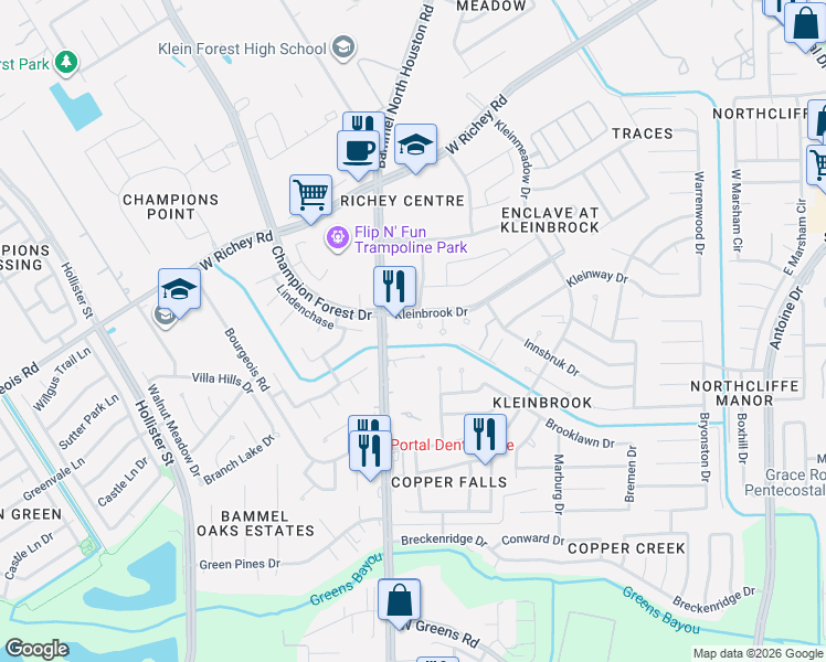 map of restaurants, bars, coffee shops, grocery stores, and more near 5211 Kleinbrook Drive in Houston