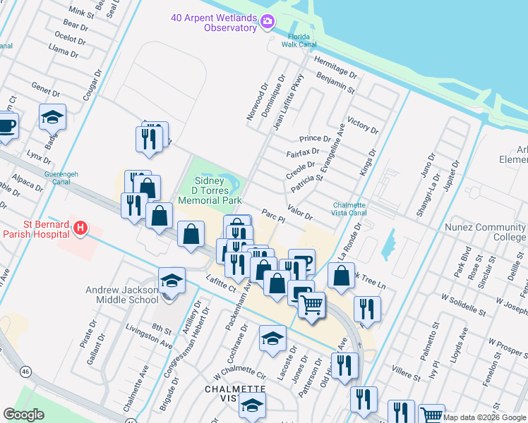 map of restaurants, bars, coffee shops, grocery stores, and more near 8317 Parc Place in Chalmette