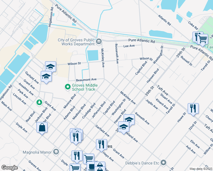 map of restaurants, bars, coffee shops, grocery stores, and more near 4501 McKinley Avenue in Groves