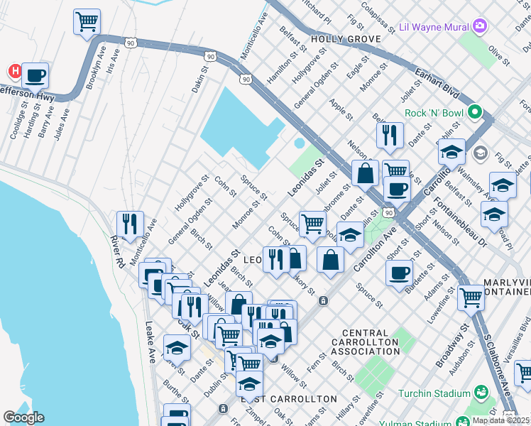 map of restaurants, bars, coffee shops, grocery stores, and more near 1919 Monroe Street in New Orleans