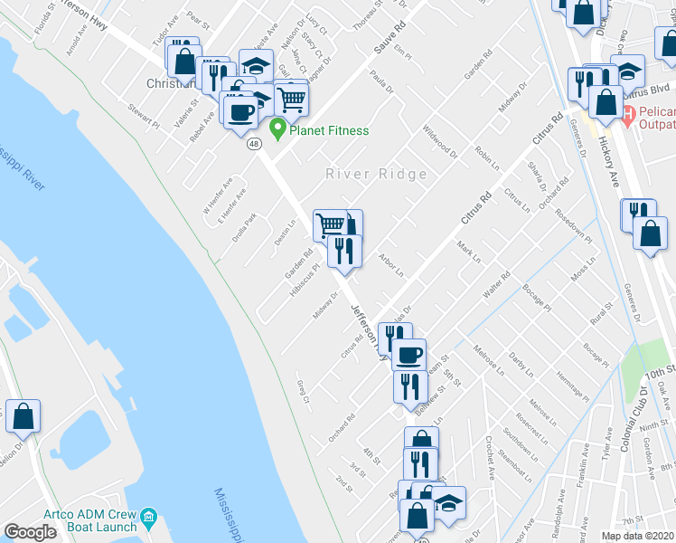 map of restaurants, bars, coffee shops, grocery stores, and more near 9605 Jefferson Highway in New Orleans