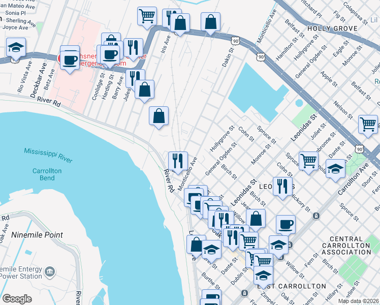 map of restaurants, bars, coffee shops, grocery stores, and more near 400 Dakin Street in Jefferson