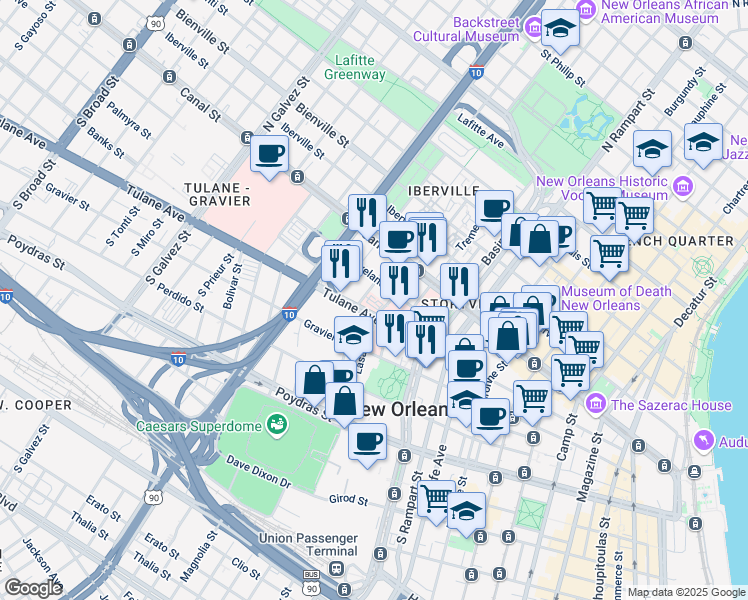 map of restaurants, bars, coffee shops, grocery stores, and more near 1532 Tulane Avenue in New Orleans