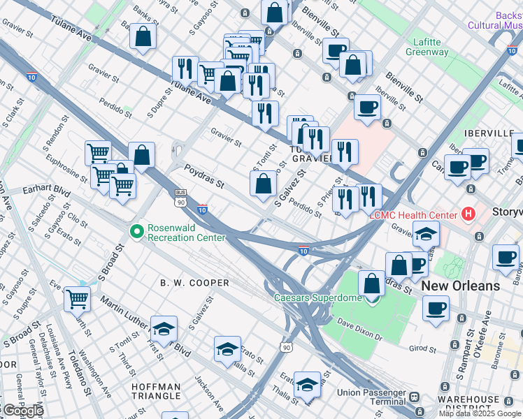 map of restaurants, bars, coffee shops, grocery stores, and more near 2239 Poydras Street in New Orleans