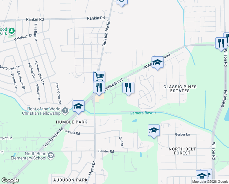 map of restaurants, bars, coffee shops, grocery stores, and more near 230 Atascocita Road in Humble