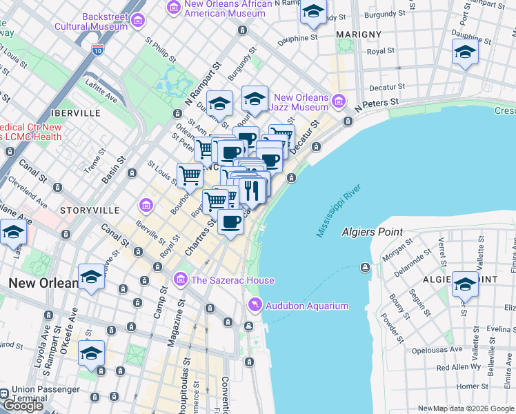 map of restaurants, bars, coffee shops, grocery stores, and more near 627 Decatur Street in New Orleans