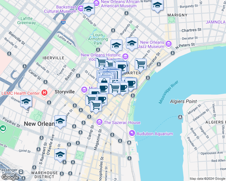 map of restaurants, bars, coffee shops, grocery stores, and more near 621 Saint Louis Street in New Orleans