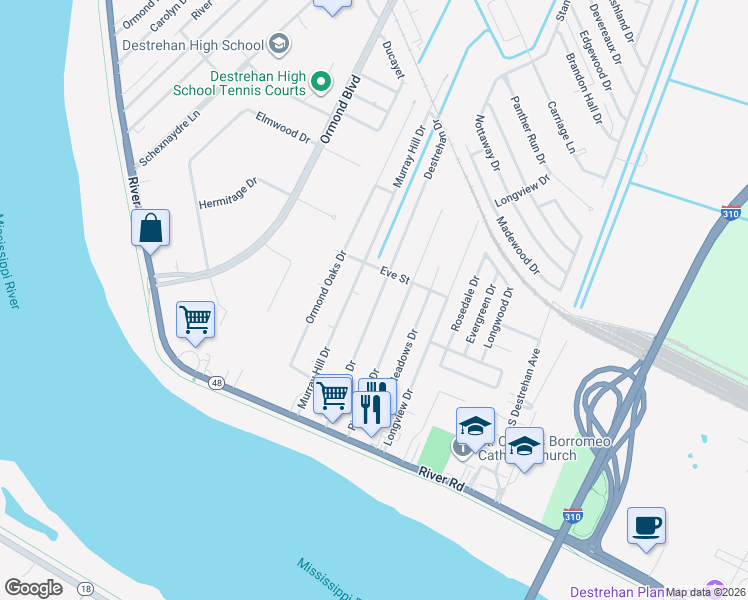 map of restaurants, bars, coffee shops, grocery stores, and more near 163 Destrehan Drive in Destrehan