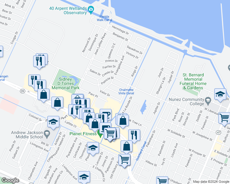 map of restaurants, bars, coffee shops, grocery stores, and more near 8528 Deerfield Drive in Chalmette