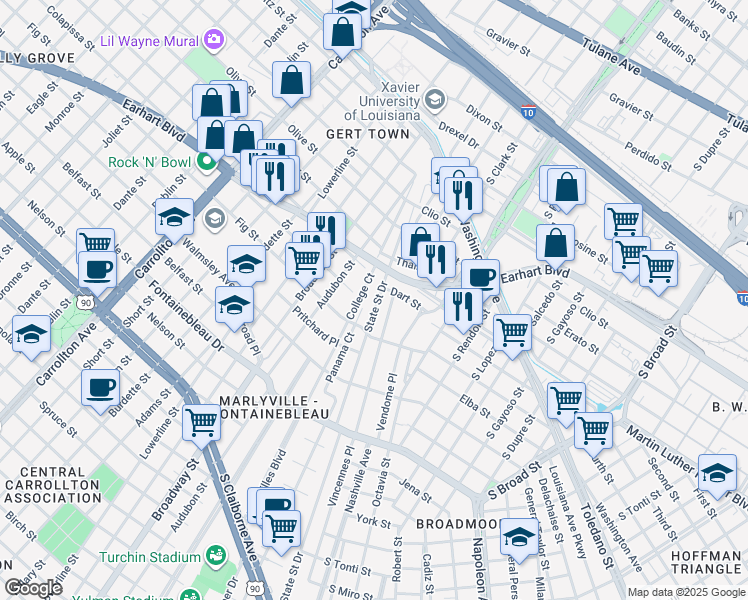 map of restaurants, bars, coffee shops, grocery stores, and more near 3045 Colapissa Street in New Orleans