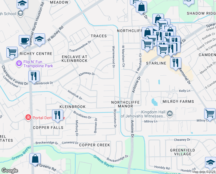 map of restaurants, bars, coffee shops, grocery stores, and more near 3903 Derbyhall Drive in Houston