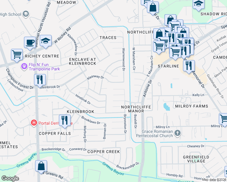 map of restaurants, bars, coffee shops, grocery stores, and more near 3903 Derbyhall Drive in Houston