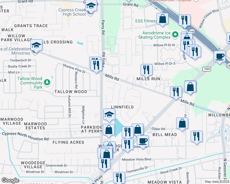 map of restaurants, bars, coffee shops, grocery stores, and more near 12614 Cannonwood Lane in Houston