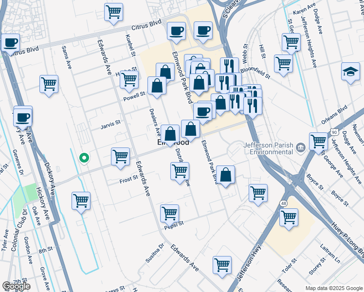 map of restaurants, bars, coffee shops, grocery stores, and more near 5480 Mounes Street in Harahan