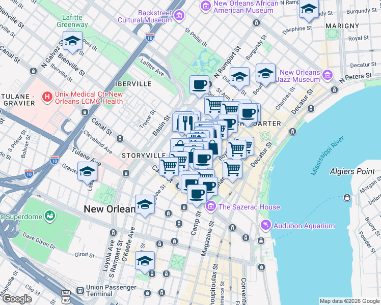 map of restaurants, bars, coffee shops, grocery stores, and more near 301 Dauphine Street in New Orleans
