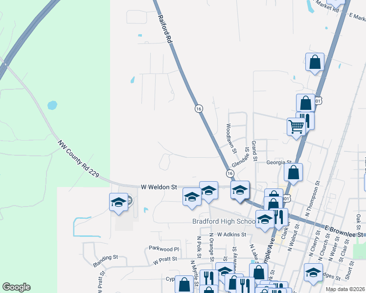 map of restaurants, bars, coffee shops, grocery stores, and more near 1101 Southern Villa Drive in Starke