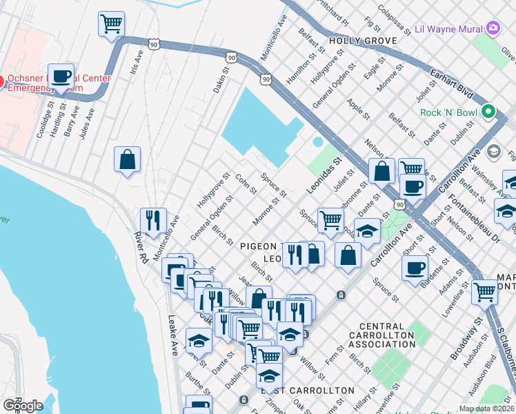 map of restaurants, bars, coffee shops, grocery stores, and more near 1738 Leonidas Street in New Orleans