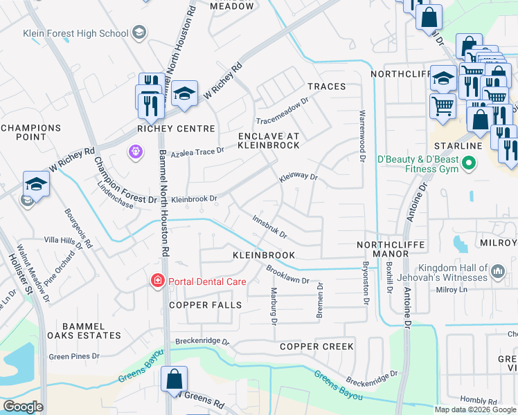 map of restaurants, bars, coffee shops, grocery stores, and more near 5043 Kleinway Drive in Houston