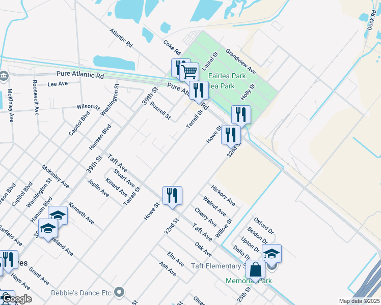map of restaurants, bars, coffee shops, grocery stores, and more near 7079 Howe Street in Groves