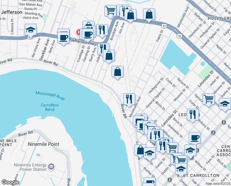 map of restaurants, bars, coffee shops, grocery stores, and more near 441 River Road in Jefferson