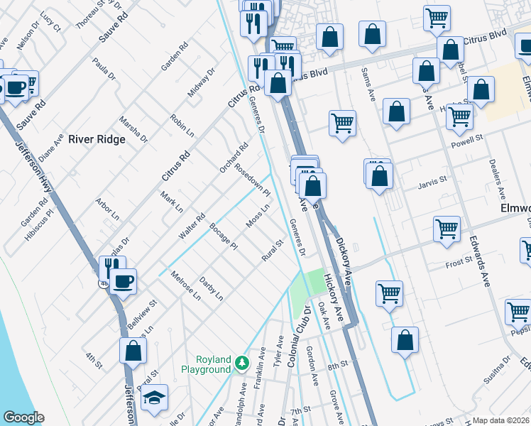 map of restaurants, bars, coffee shops, grocery stores, and more near 1405 Moss Lane in River Ridge