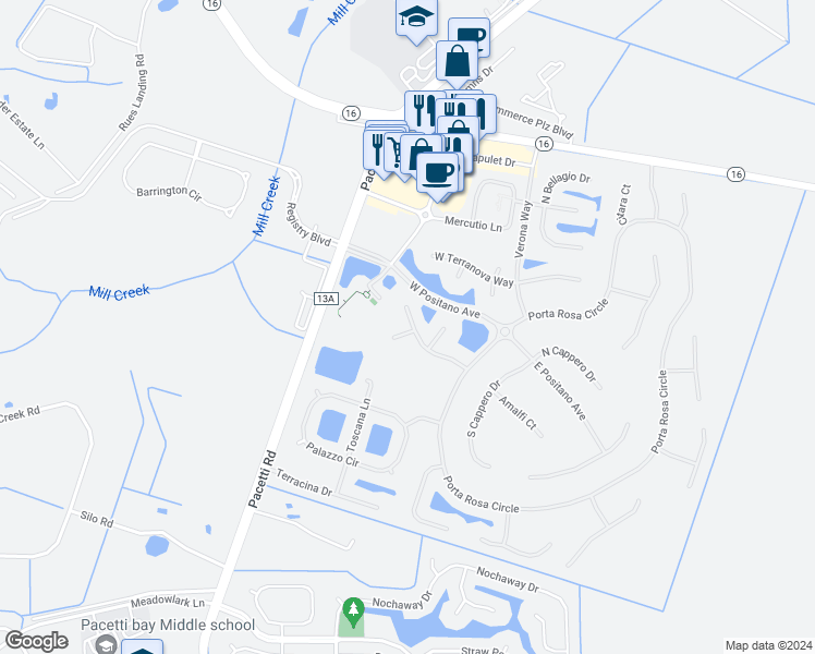 map of restaurants, bars, coffee shops, grocery stores, and more near 1435 Riva Del Garda Way in St. Augustine