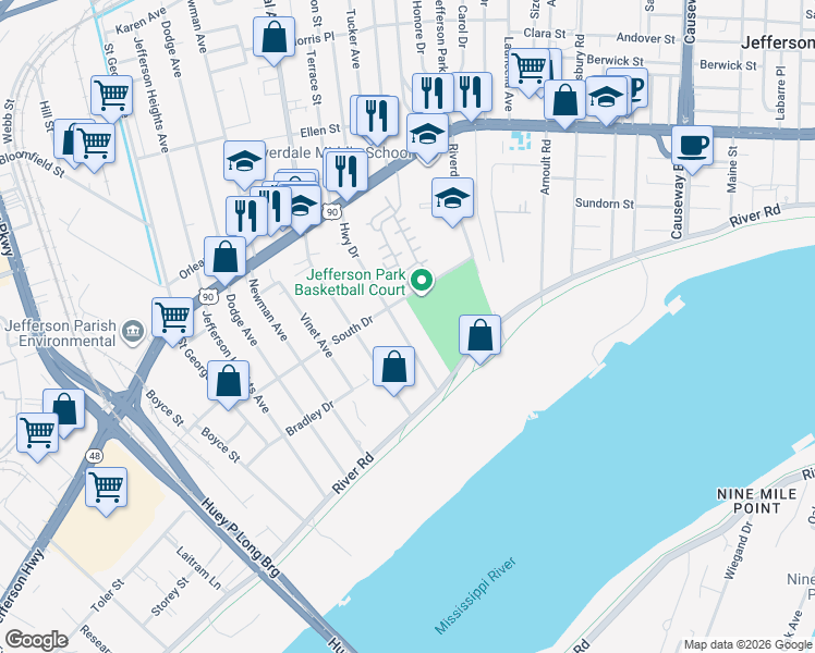 map of restaurants, bars, coffee shops, grocery stores, and more near 213 Highway Drive in Jefferson