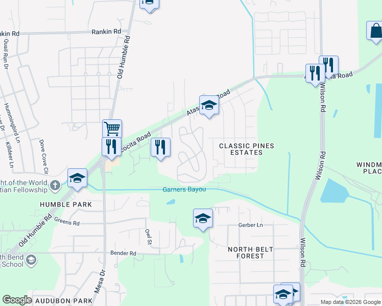 map of restaurants, bars, coffee shops, grocery stores, and more near b35 B Street in Humble
