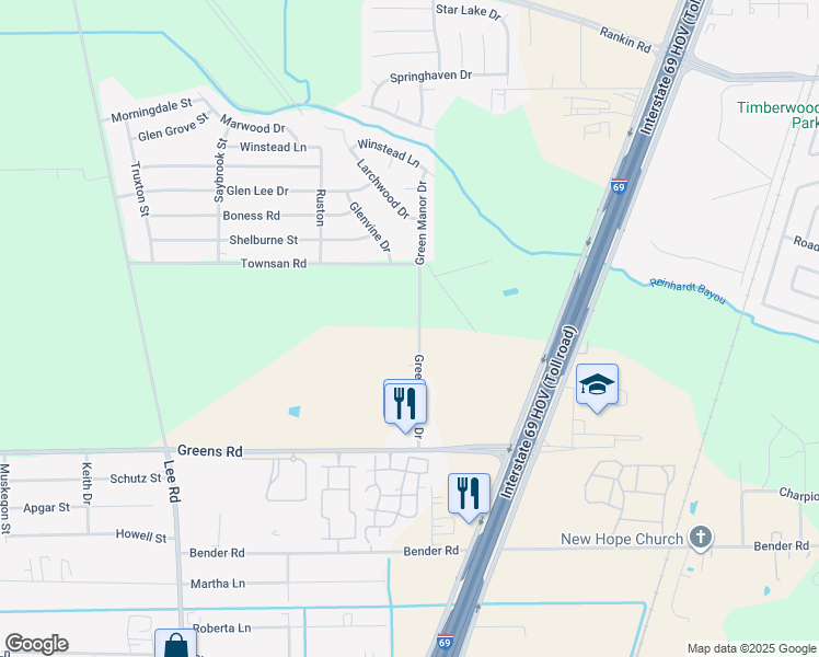 map of restaurants, bars, coffee shops, grocery stores, and more near 16223 Green Manor Drive in Humble