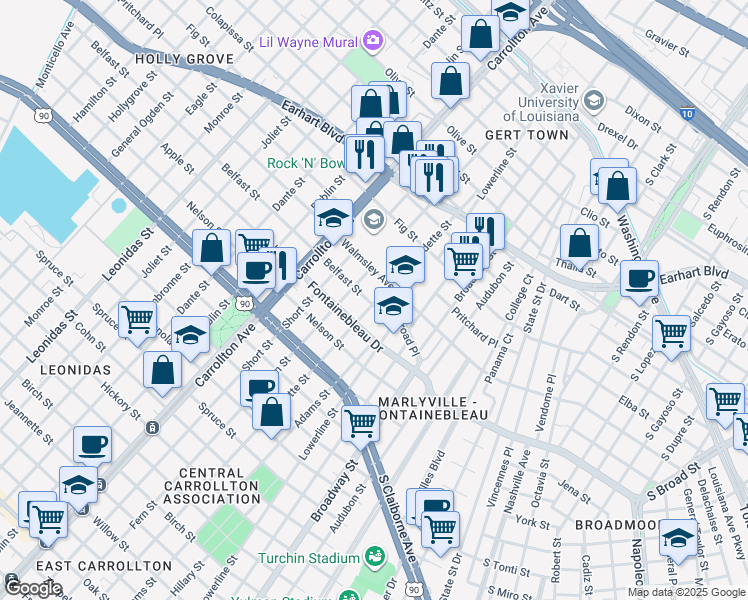 map of restaurants, bars, coffee shops, grocery stores, and more near 7803 Belfast Street in New Orleans