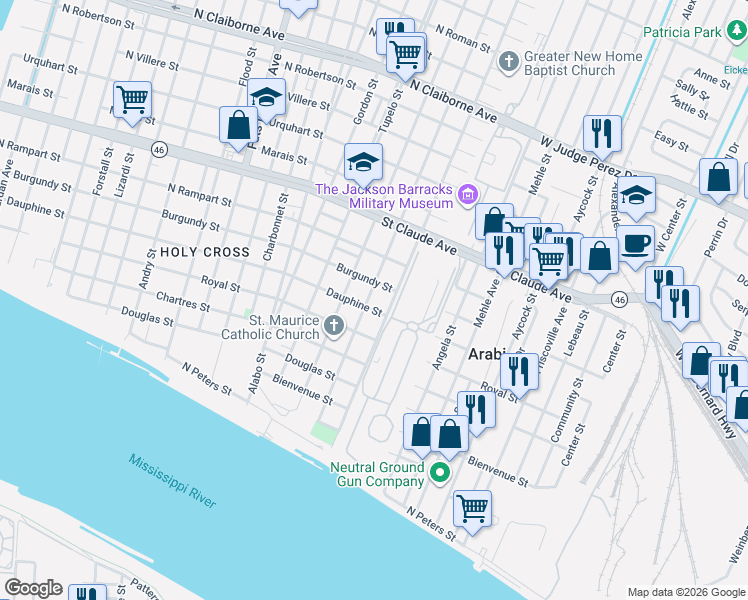 map of restaurants, bars, coffee shops, grocery stores, and more near 832 Tricou Street in New Orleans