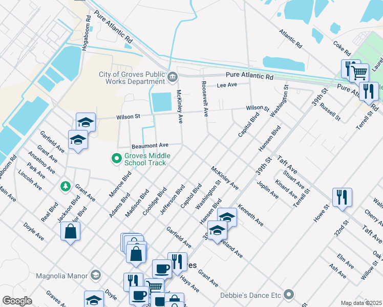 map of restaurants, bars, coffee shops, grocery stores, and more near 4501 McKinley Avenue in Groves