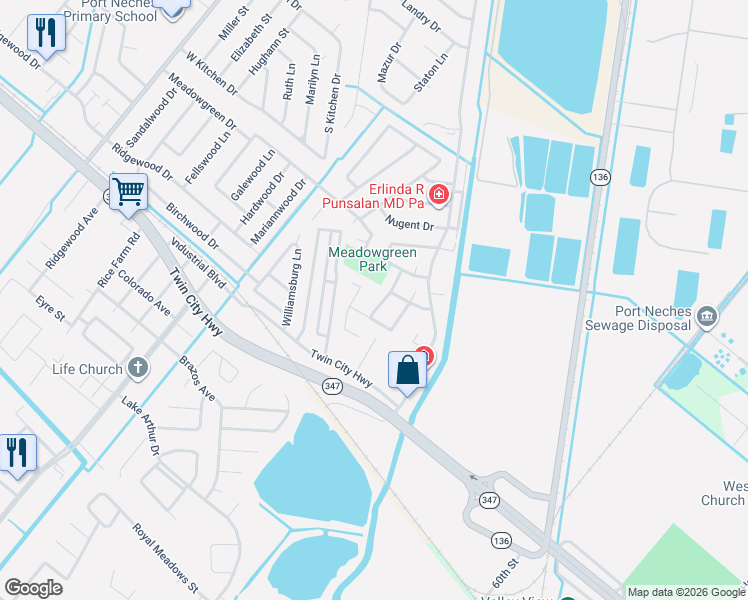 map of restaurants, bars, coffee shops, grocery stores, and more near 3154 Canterbury Lane in Port Neches