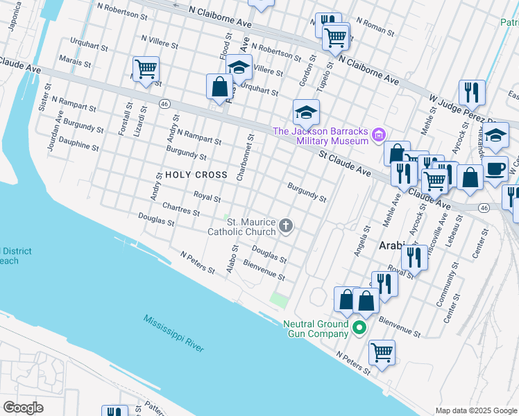 map of restaurants, bars, coffee shops, grocery stores, and more near 6019 Royal Street in New Orleans