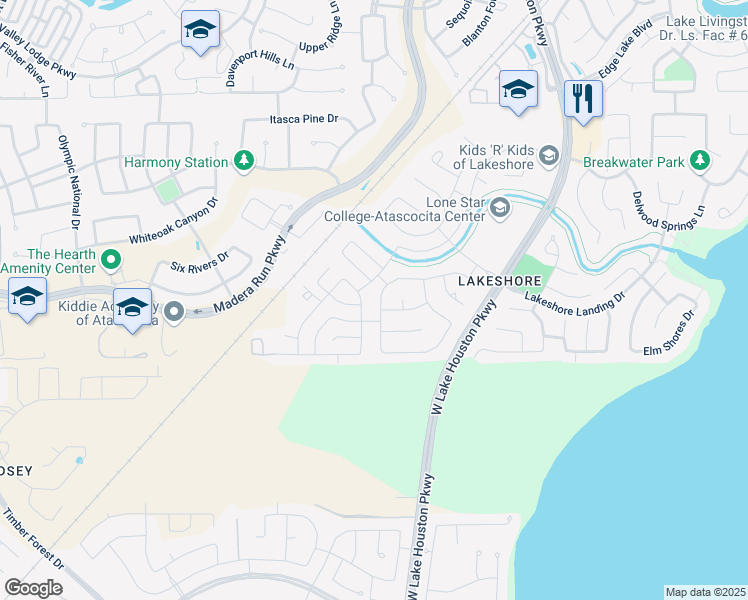 map of restaurants, bars, coffee shops, grocery stores, and more near 16011 Juniper Shores Drive in Houston
