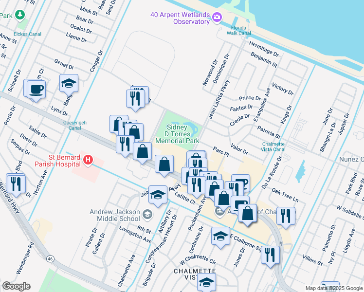map of restaurants, bars, coffee shops, grocery stores, and more near 3338-3482 Jean Lafitte Pkwy in Chalmette