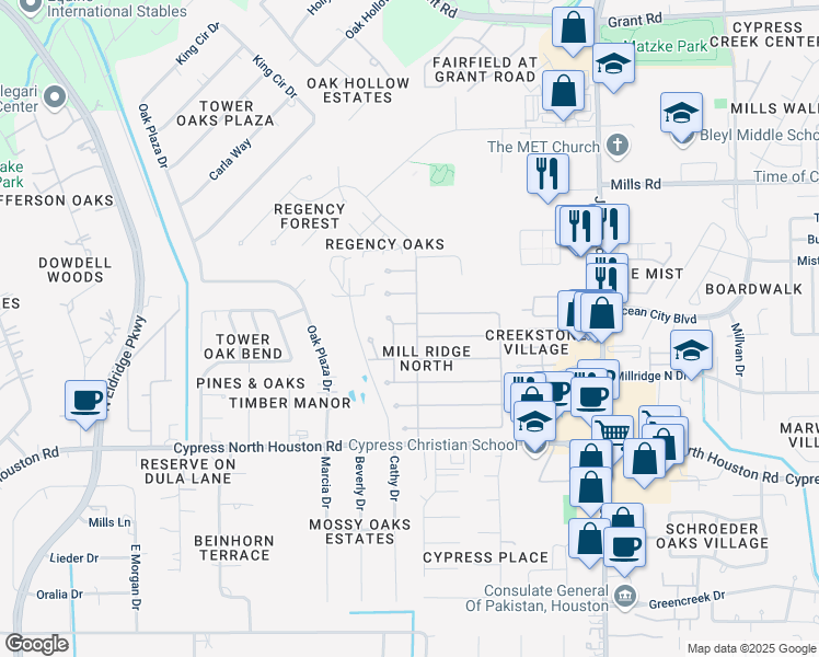 map of restaurants, bars, coffee shops, grocery stores, and more near 12526 Mill Ridge Drive in Cypress
