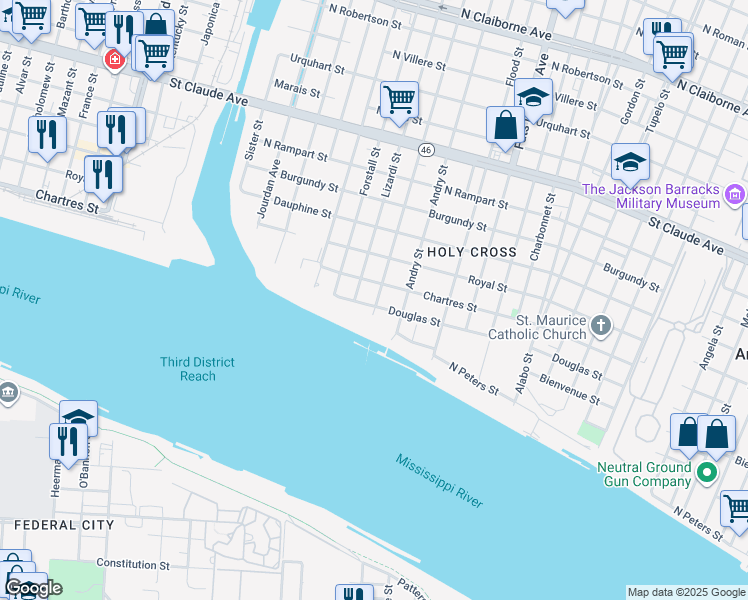 map of restaurants, bars, coffee shops, grocery stores, and more near 4348301 Chartres Street in New Orleans