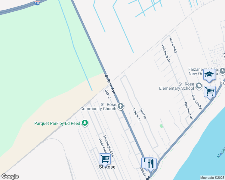 map of restaurants, bars, coffee shops, grocery stores, and more near 725 Saint Rose Avenue in Saint Rose