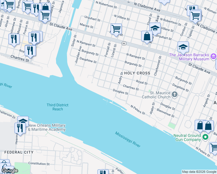 map of restaurants, bars, coffee shops, grocery stores, and more near 4348301 Chartres Street in New Orleans